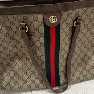 Elegant beige Tote with Red and Green Stripe